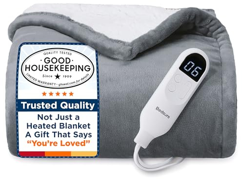 Bedsure Heated Blanket Throw Blanket - Fast Heating Electric Blanket, Soft Flannel Heated Throw with 4 Time Settings, 6 Heating Settings, Warm Gifts for Grandma & Grandpa & Seniors (50x60, Grey)