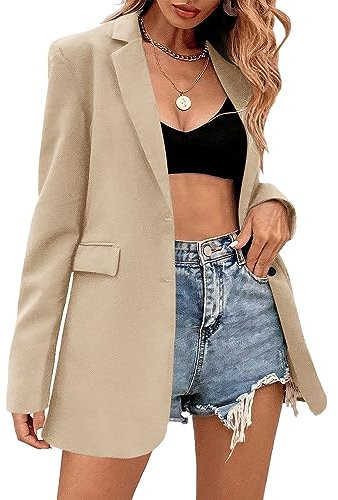 Damen Oversized Blazer Elegant Langarm Business Outfit Übergröße Zweireihig Reverskragen LangBlazer Frauen Offen Vorne Solide Geschäft Anzug Khaki Large