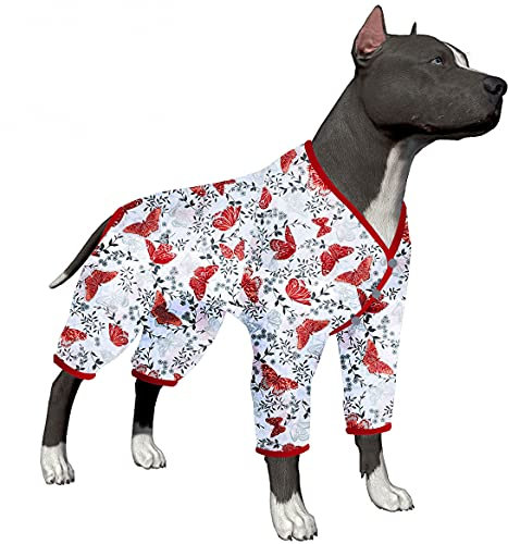 LovinPet Großer Hunde-Body – Haustier-Angstlinderung, Pyjama, UV-Schutz, Hunde-Shirt, bequemer, dehnbarer Stoff, weißer Schmetterlingsdruck, große Hunde-Pyjama, Pitbull-Kleidung für alle Jahreszeiten,