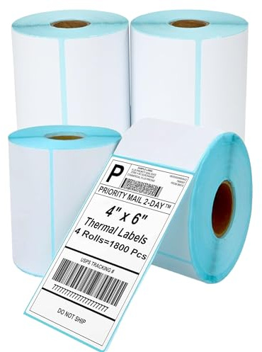 4x 6 Thermal Shipping Labels, 4 Rolls with 450 Labels/Roll, White Perforated & Strong Adhesive Direct Thermal Labels, Compatible with Zebra, Rollo, Jadens, Nelko Thermal Printers (Not for Dymo)