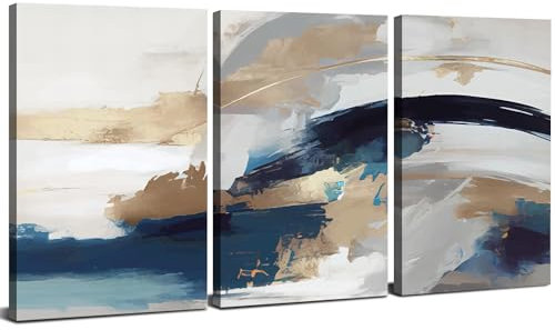 Set of 3 Wall Art Abstract Canvas Wall Art Navy Blue Beige and Gold Pictures for Living Room Office Modern Abstract Framed Wall Art Watercolor Paintings Artwork for Bedroom Home Decorations 30x40cm