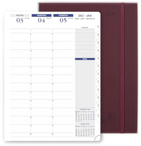 POPRUN Kalender 2025 Wochenplaner Softcover mit PU-Leder 28.5 x 22.2 cm - auf Deutsch - Terminplaner 2025 A4 mit 15-Minuten-Intervall und Vertikalem Wochenlayout, 100 GSM Papier - Weinrot