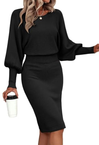 shownicer Robe en Tricot Femme Élégante Manches Longues Col Rond Robe Pull Tricotée Décontractée Pull Chic Automne d'hiver Slim Sweater Pullover A Noir M