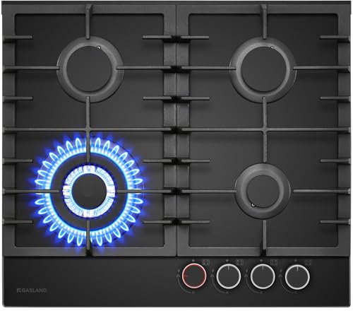 GASLAND PRO GH2604BG1FC Glas Gaskochfeld 4 Flammig, Gas Kochfeld mit Beleuchtetem Drehknopf, Einbau Gaskochfelder mit Messingbrennern, 60 cm Glasherd mit 2 Stützen, Butan-Gasherd 8000 W, LPG/Erdgas