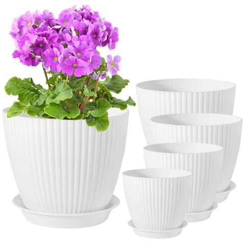 PROFIKLA 18/15/14/13/11.5cm Plastic Plant Pots, Pack of 5 Flower Pots, Plant Pots with Drainage Holes and Saucers, Modern Decorative Planters, White