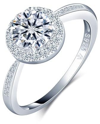 MICMIF Bague de Fiançailles Halo Anneau d'Alliance pour Femme 1 Carat Moissanit Diamant Bague Argent 925 de Mariage Promesse Engagement Bague Solitaire Rond Bijoux Femme, taille 49-57