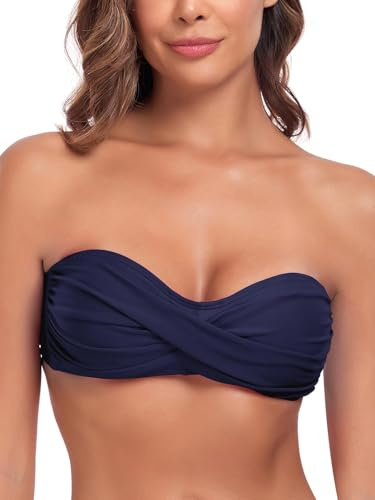 Ocean Blues Maillots de bain sans bretelles pour femmes bandeau bikini haut à nouer dans le dos, bleu marine, M