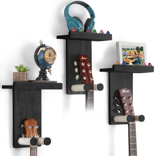 VINCOURNA Support Guitare Mural, Porte Guitare Mural Lot de 3, Accroche Guitare Mu-ral pour Guitare Acoustique Adulte, Guitar Electrique, Ukulélé, Basse - Noir