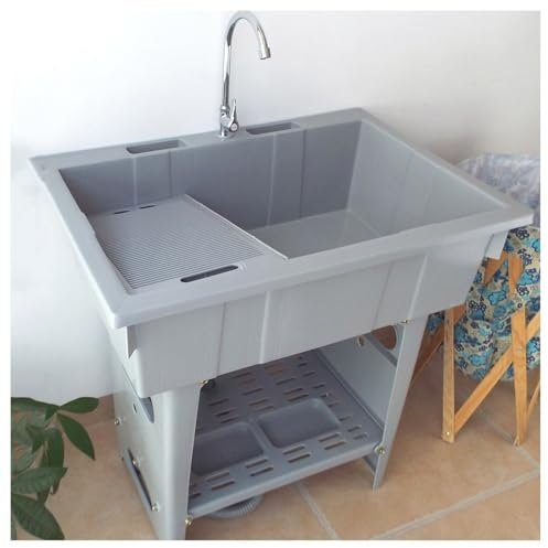 Évier à linge autonome en plastique avec planche à laver – Évier utilitaire portable pour une utilisation en extérieur, station de lavage des mains avec crochet de tuyau, idéal pour les tâches de