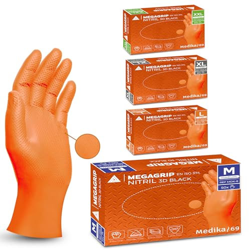 MEGAGRIP MEDIKA69,extra forts + DE 8 Grammes, 2x plus épais, Gant ORANGE nitrile structure 3D, Gants mecanicien extra-résistants, 50 pcs/boîte M, L, XL, XXL (500, ORANGE, XL) (50, ORANGE, M)