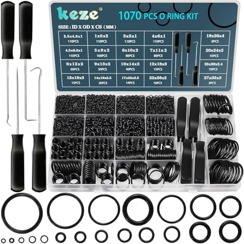 KEZE 1070 PCS 20 STORLEK O RINGS-sortimentpaket med plockning och krok som är satt för diverse fordons VVS-tryckbricka-kran Reparation, nitrilgummi motsätts olja och värme OD: 4,5 mm-33mm