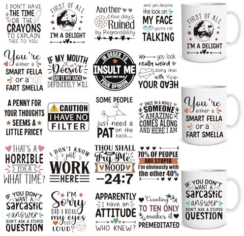 Eiapadeor Sarcastic Rub on Transfer Stickers - 20 Sheets Humorous Quotes UV DTF Cup Wraps, Funny UVDTF Wraps for Adults, Waterproof Rub on Decals for Glass Cups Mug Tumbler, DIY Transfer Crafts