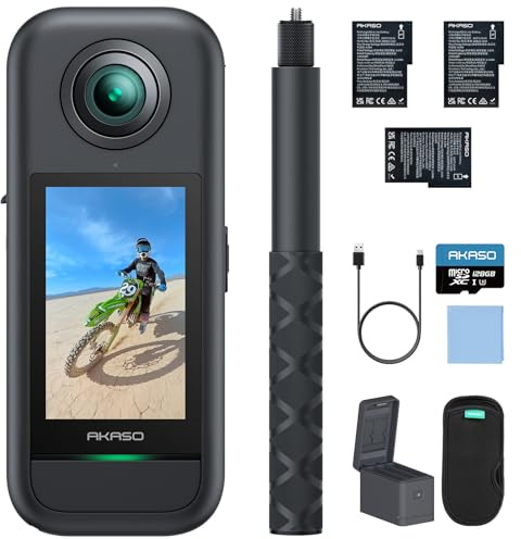 AKASO Set Action Cam Creator a 360°, 5,7 K, 72 MP, 360 gradi, con scheda di memoria da 128 GB, doppi sensori da 1/2, 48 MP, touch screen da 2,29, bastone per selfie invisibile, blocco horizon a 360°