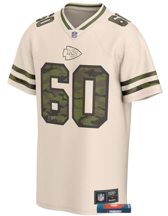 Kansas City Chiefs Trikot – Offizieller NFL Fanartikel – Beiges Jersey mit Chiefs-Logo & #60 – atmungsaktives & bequemes Material (DE/NL/SE/PL, Alphanumerisch, L, Regular, Regular, Camouflage)