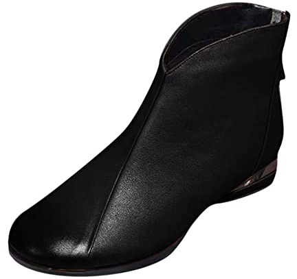 Generisch Mujer Botas De Cuero Con Pantorrilla Ancha,Botines De Invierno Mujer Tacón Bajo Plano Punta Redonda Gruesa Color Sólido Cremallera Espalda Tacón Cuña Botas de Invierno, Negro , 37 EU