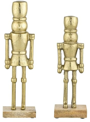 Marrakech Juego de 2 figuras de cascanueces doradas de 32 y 22 cm, decoración navideña elegante de aluminio, decoración moderna para alféizar de ventana, decoración escandinava para mesa, estantería y