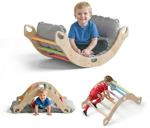 COSYLAND 3 en 1 Arco de Escalada Montessori con Cojín Suave – Triángulo de Escalada de Madera Doble Cara, Balancín y Estructura de Actividades, Niños de 18 Meses a 6 Años, Colores Multicolor
