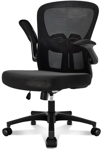 Durrafy Ergonomic Office Chair, Mesh Desk Chair with Adjustable Lumbar Support & Flip-Up Arms, Height Adjustable Swivel for Home Office, Mid Back with Castors, Black