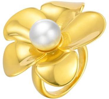 HIJONES Femmes Acier Inoxydable Bague Fleur de Perle Plaqué Or Bague Sceau Jonction Bijoux Élégants Cocktail Fête