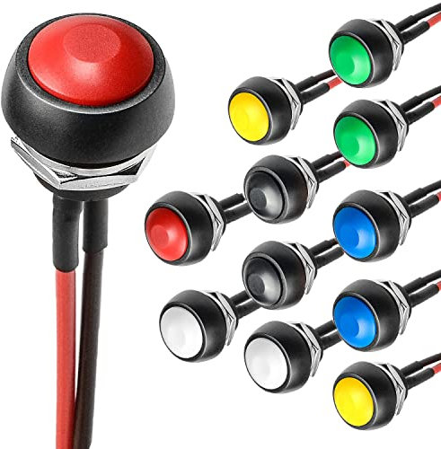 VISSQH 14pcs Mini Bouton Poussoir Interrupteur, 12mm Bouton Poussoir Momentané,Ronds Push Button Switch,SPST on/Off 3A/250VAC pour Trompette de Voiture,PC,Sonnette de Maison DIY