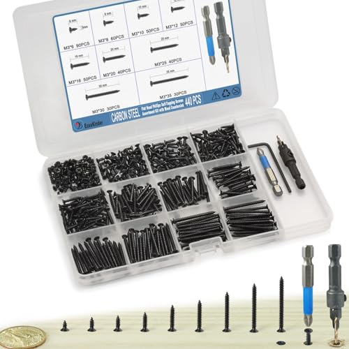 440PCS Flat Head Phillips Wood Screws Assortment Kit, Carbon Steel Self-Tapping Screw with Adjustable Wood Countersink (CSQ235 M3)