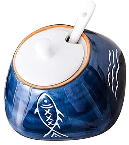 FülleMore Keramik Gewürzdose 350ml Gewürzglas mit deckel und Löffel Zuckerdose Salzdose Gewürzbehälter für Küche Restaurant (Fisch)