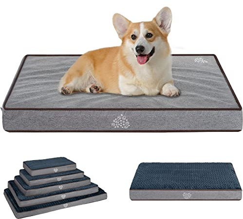 VANKEAN Dog Bed Soft Crate Pad Mat Reversible Cool & Warm, Washable Comfy Kennel Pad with Orthopedic Egg-Crate Foam for Small Medium Large Dogs, Water-Resistant Pet Bed, Gray/Dark Blue
