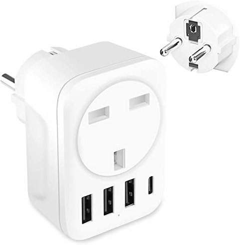 UK to European Travel Adapter with 3 USB and 1 Type C ports, Grounded EU Travel Adapter for France, Germany, Spain, Egypt - Refer to product description for Country list … (Type E/F)
