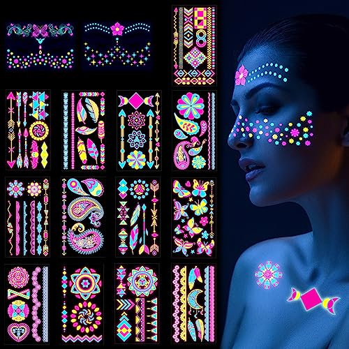 VEGCOO 15 Feuilles Néon Tatouages Temporaires, Néon Glow UV Autocollant de Tatouage Phosphorescent, Autocollant de visage, Faux Tatouages Fluorescents de Visage Corps, Tatouages Néon Imperméables