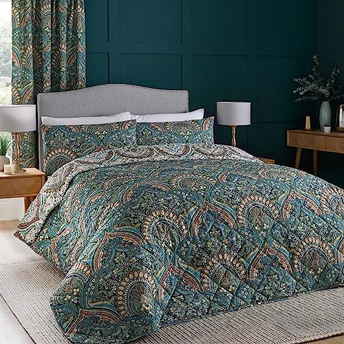 Dreams & Drapes - Teal Jacobean Bedspread (230cm x 200cm) - Soft Touch - Microfibre - Damask Bedspread in Teal - Persian Bohemian Quilted Bedspreads - Exotic Floral Blanket/Bed Cover for Bed