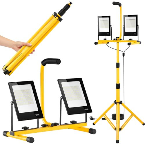 papasbox Foco LED de 100 W con trípode y enchufe, 6500 K, luz blanca fría, 10000 lm, resistente al agua IP66, lámpara de trabajo para taller de construcción