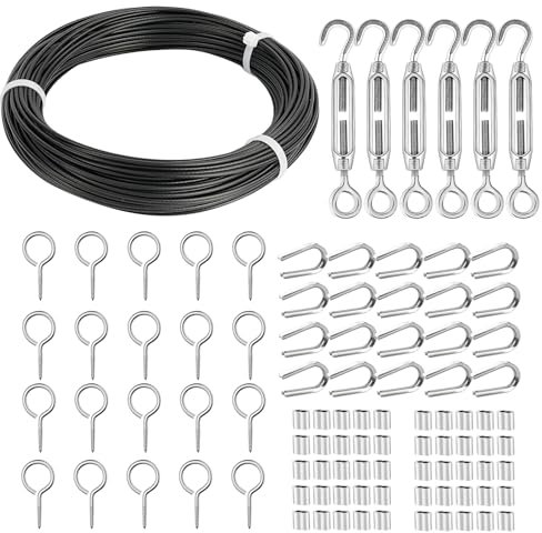 TooTaci 2mm Black Catenary Wire Kit, 30M Guide Wire Kit, Heavy Duty Black Steel Cable with M4 Turnbuckles, Ideal for Garden Trellis, Climbing Plants, Outdoor String Lights & Fence Supports