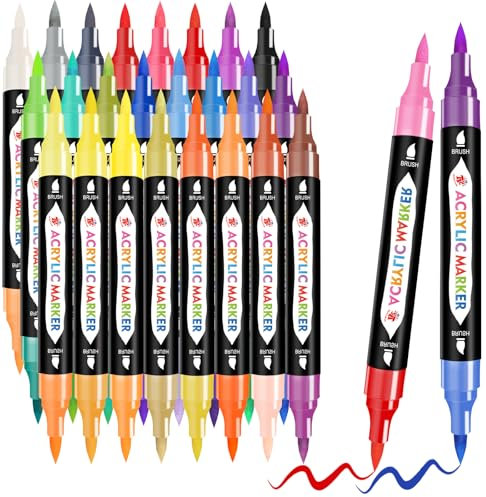 TBC The Best Crafts Lápices acrílicos de 48 colores, 24 unidades de lápices acrílicos de doble punta para piedras, resistentes al agua, rotulador de pintura acrílica, rotuladores de vidrio para