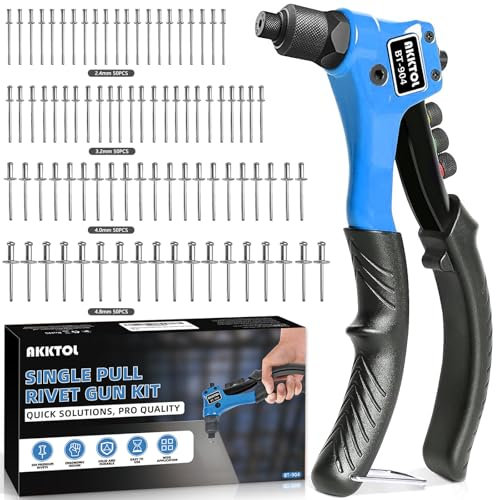 AKKTOL Pince a Rivet, Riveteuse Professionnelle, Pince a Rivet Pop avec 200 Rivets pour 4 Types 4,8mm 4,0mm 3,2mm 2,4mm, Pince à riveter Manuelle pour Automobile, Chemin de Fer, Meubles, Jardinage etc