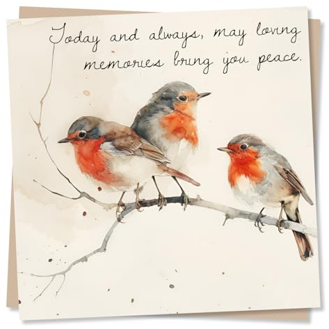 Heartfelt Robin Condolences Card - May Loving Memories Bring You Peace - Three Birds, Watercolour Design - Sympathy Card for Loss of A Loved One