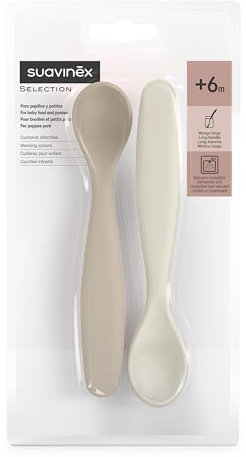 Suavinex, Pack 2 Cuillères pour Bébés. Convient aux Gencives Sensibles. Pour Bouilles et Petits Pots. Aptes pour le Lave - Vaisselle. Pour Bébés +4 Mois, Beige