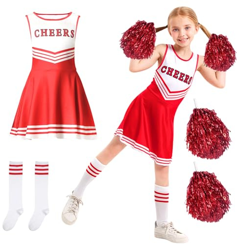 LXYYDS Cheerleader Kostüm Kinder, Cheerleader Uniform mit Pompoms und Socken, Rot, für Karneval und Halloween, Größe 130 cm, Unisex-Kinder