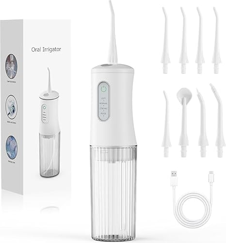 Idropulsore per la pulizia dei denti, irrigatore orale senza fili, pulitore dentale elettrico con 4 modalità e 8 ugelli spray, impermeabile IPX7, portatile e ricaricabile per casa e viaggi, bianco