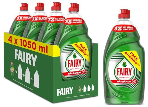 Fairy Ultra Poder Original Líquido Lavavajillas 4 x 1050ML Fórmula Efectiva Que Deja Los Platos Relucientes, Impresionante Poder Antigrasa