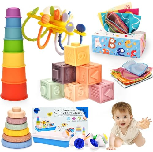 Baby Toys 6 to 12 Months,Montessori Toys for 1 Year Old,6 in 1 Sensory Toy for Babies 6-12 Months Pull String Teether Infants Stacking Blocks Rings Cups Tissue Box Toy for 6-9-12-18+ Months Baby Gift