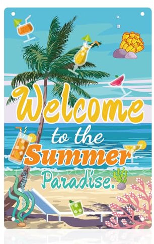 Gosknor Cartello Bar, Benvenuti Nel Paradiso Estivo Decorazione Artistica Parete Insegna Decorativa in Latta Segnaletica per Casa Bar Case Sulla Spiaggia Cortile Decorazione Parete, 30x20cm