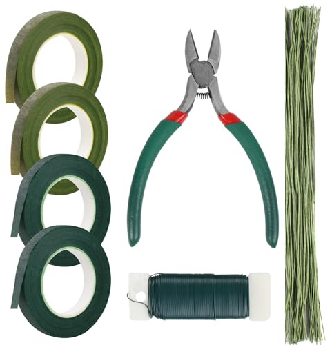 Floral Tape and Floral Wire, Arrangement Tools Kit Green Floral Tape and Floral Wire, Boutonniere Pin for Bouquet Stem Wrap Florist, Wreath Making Supplies