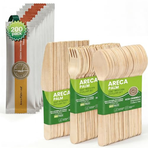 MUNCH BOX Disposable Cutlery, Eco-Friendly Areca Palm Leaf Wooden Cutlery Set (25 x Spoons, 25 x Forks, 25 x Knives, 25 x Tissue) Birthday Parties, Picnics, BBQs, Weddings (200 pcs)