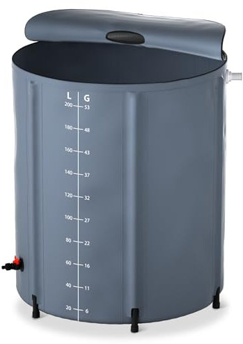 VANCHEMO Regentonne, Garten- Und Camping-Regenwassertank, Faltbares Wasserfass Mit Deckel Und Hahn, Mit Abs-Ablassventil, Mit Skala, PVC-Regenfass Zum Sammeln Von Regenwasser, Dunkelgrau, 200 L
