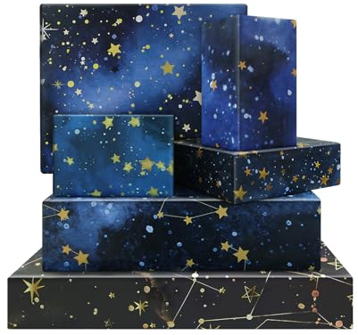 6 fogli di carta da regalo con galassia, per bambini e adulti, blu e oro, cielo notturno, nebulosa e stelle, carta da regalo piegata, piatta, per compleanni, baby shower, matrimoni, 50 x 68 cm
