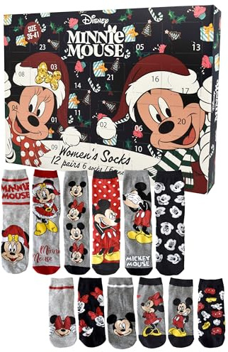 United Labels Calendario de Adviento de Minnie Mouse de Disney con 12 pares de calcetines para mujer, talla 35-41, calendario con zapatillas y calcetines largos, regalo de calendario de Navidad