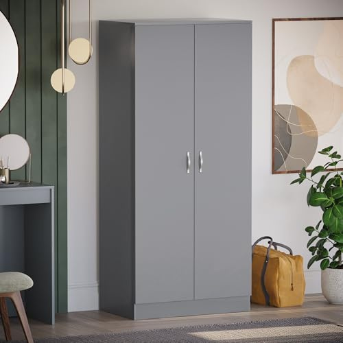 Vida Designs Riano 2 Door Wardrobe | Grey | Bedroom Furniture | 170H x 76W x 53D cm | with Shelf & Hanging Rail | Large Capacity Storage