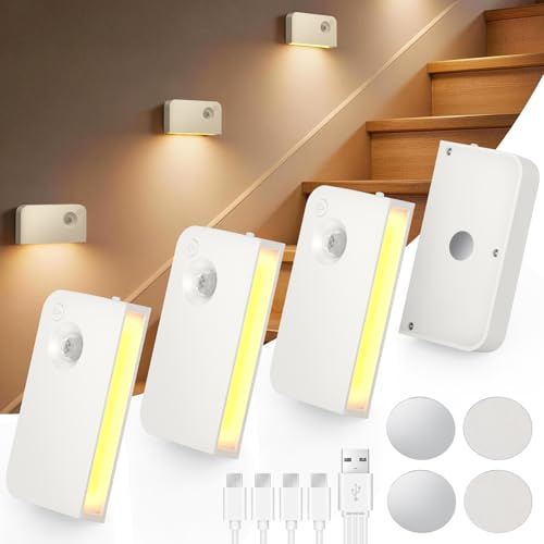 PChero LED trapplampor rörelsesensor, 4-pack USB-laddningsbar rörelsesensor nattlampa 3 färger dimbar batteri magnetiska påklistringslampor för inomhus trappor hall garderob toalett sovrum