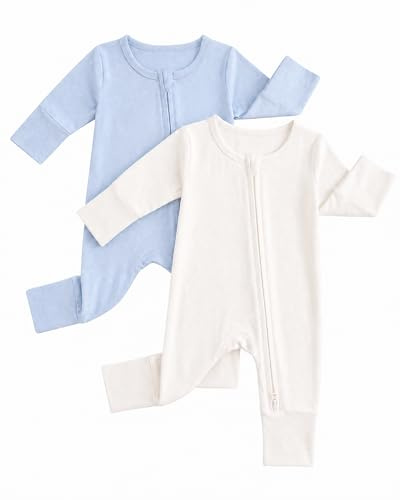 JiAmy Babypyjamas av bambufiber, 2-pack, unisex sparkdräkt 0–24 månader med 2-vägs dragkedja, vikbara vantar och fötter, andningsbar och lätt, Blå vit, 9-12 månader
