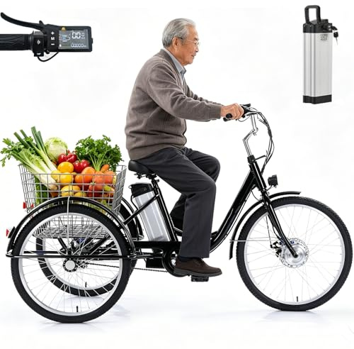 ZHZWwansuGE Triciclo EléCtrico para Adultos De 24″, De 3 Ruedas Y NeumáTicos Anchos, con BateríA ExtraíBle De 36V 12Ah (AutonomíA: 35km), Capacidad De Carga De 150kg, con Pantalla LCD Y Cesta Black
